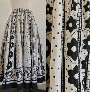 Original Vintage floral motif printed midi skirt with hand embroidered beads allover - blacks and white floral printed full circle skirt