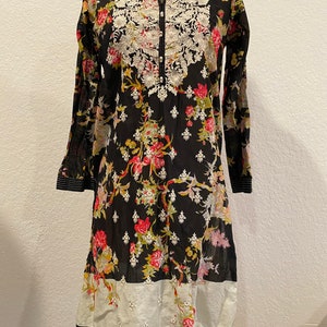 Vintage black floral cotton dress, embroidered floral tunic dress, floral white silver embroidery, cotton tunic long sleeve dress