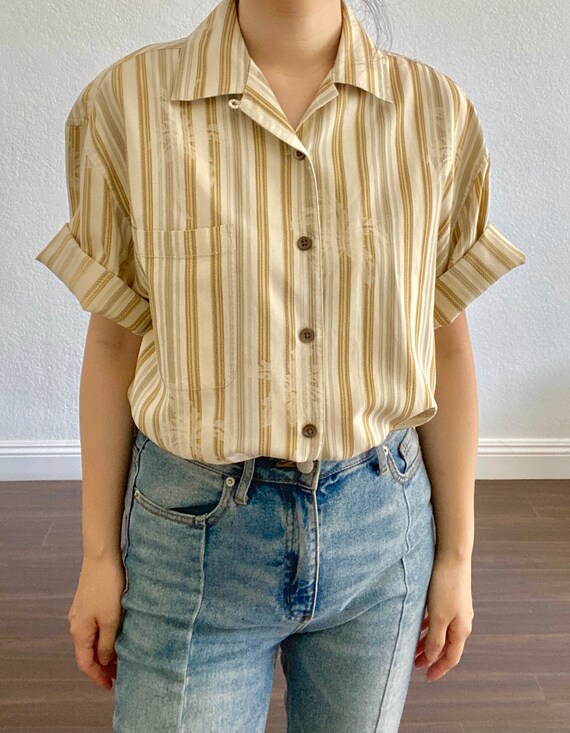 Rare vintage yellow stripe palm printed shirt - s… - image 1