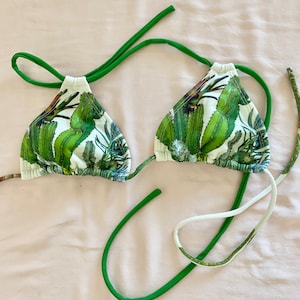 Green and white cactus printed bikini top, cactus print swimsuit