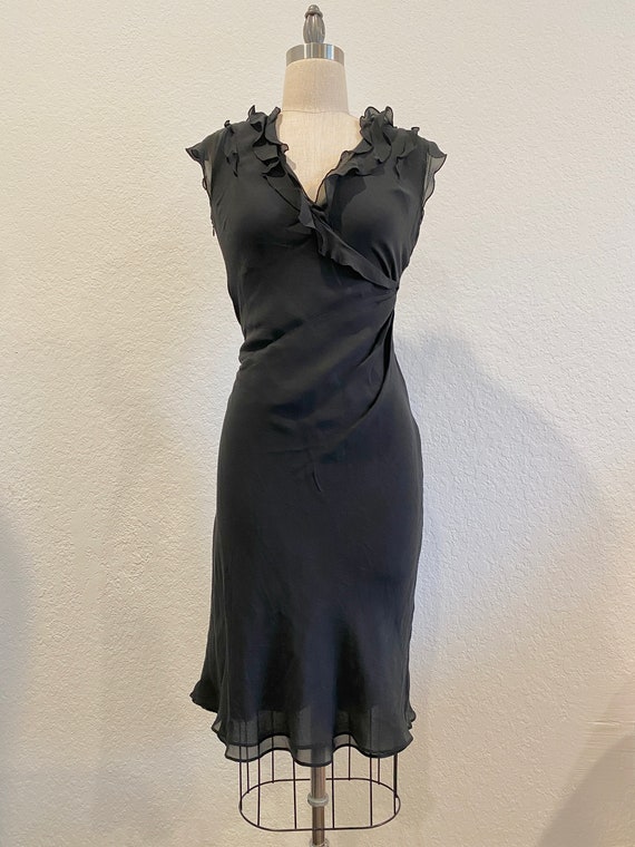 Vintage black silk ruffle dress, wrap dress, silk 