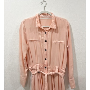 Vintage pink peachy coral long sleeve button down jumpsuit with belt