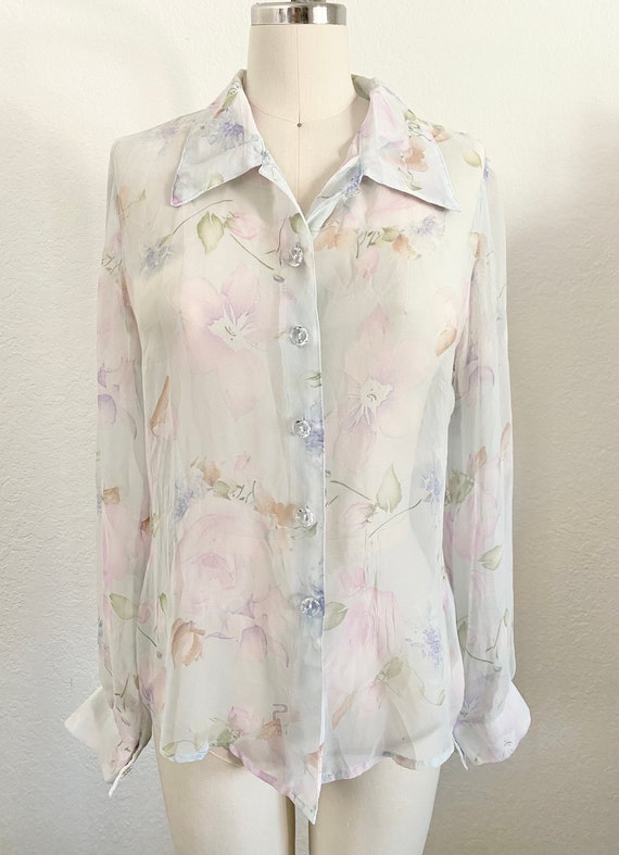 Vintage sheer floral printed shirt with pastel co… - image 2