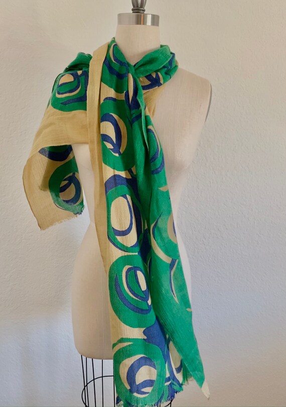 Abstract circle printed scarf, green and blue pri… - image 2