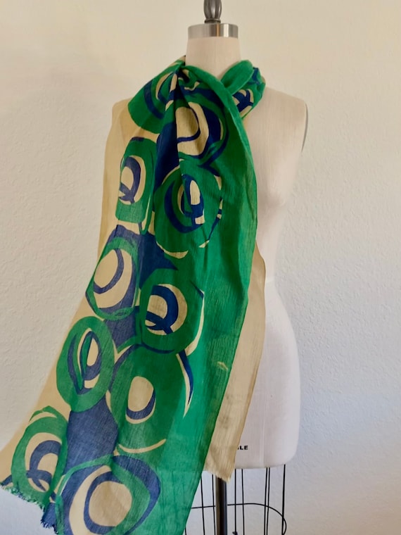 Abstract circle printed scarf, green and blue pri… - image 5