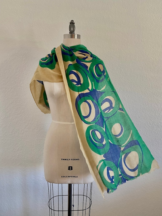 Abstract circle printed scarf, green and blue pri… - image 1