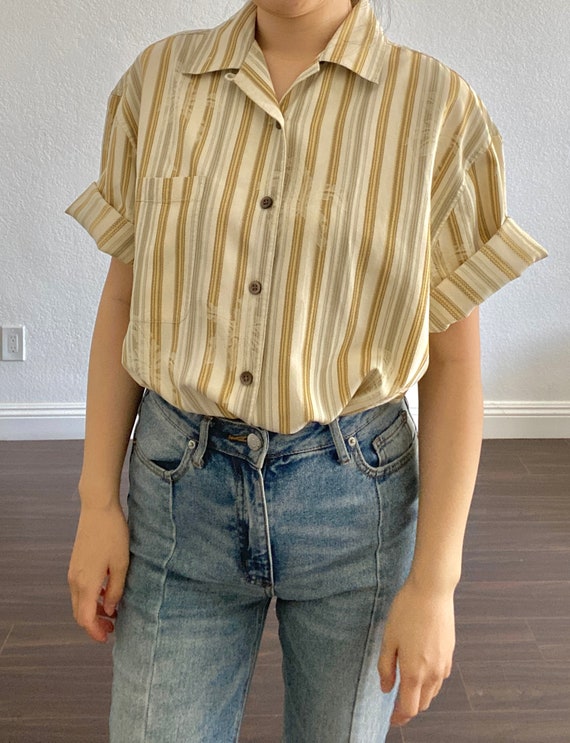 Rare vintage yellow stripe palm printed shirt - s… - image 2