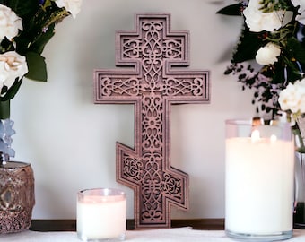 Layered Wood Orthodox Cross: Ornate Filigree Detail