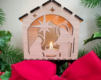 Wooden Nativity Scene Tea Light Lantern - Christmas Decor