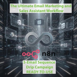 May include: Digital graphic with the text "The Ultimate Email Marketing and Sales Assistant Workflow." The image features an infinity symbol, the word "n8n," and the phrase "5-Email Sequence Drip Campaign READY-TO-USE."