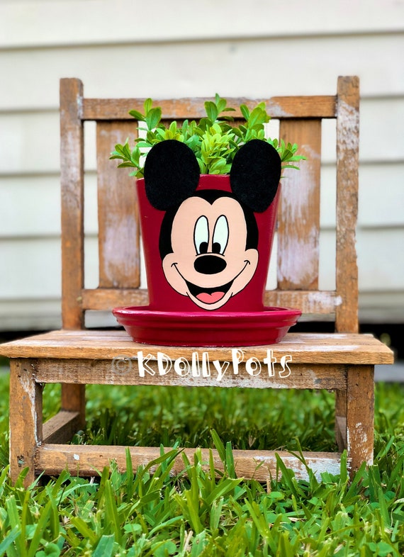 Hand Painted Mickey Mouse Flower Pot/hand Painted Clay | Etsy