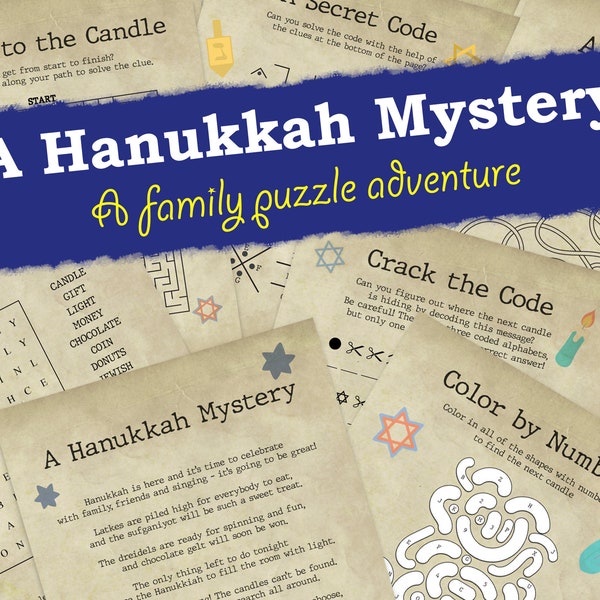 Hanukkah Scavenger Hunt Puzzle. Treasure Hunt with 10 puzzles & clues for a holiday activity. Fun for family, kids or party!