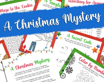 May include: A Christmas-themed printable activity booklet with a variety of games and puzzles, including a maze, a secret code, a colour-by-number, and a word search. The booklet features a red, green, and blue colour scheme with festive Christmas illustrations.