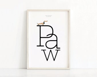 Puede incluir: Ilustración en blanco y negro de un perro salchicha de pie sobre las letras "Paw" con el texto "Dog Vocabulary: P is for Paw" sobre la ilustración.