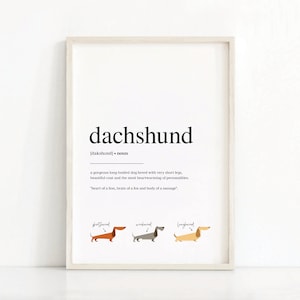 Dachshund Dog Definition Print / Regalo para amante de los perros / Póster del diccionario de perros / Arte mural de cita de perro / Descarga instantánea / Póster de tipografía
