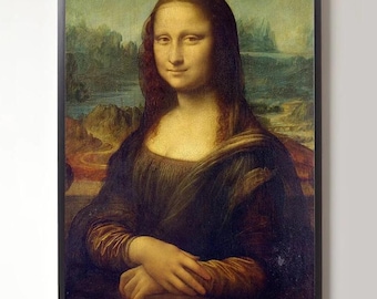 May include: A painting of a woman with a soft smile, wearing a dark dress with a brown shawl. The background is a landscape with a river and hills.
