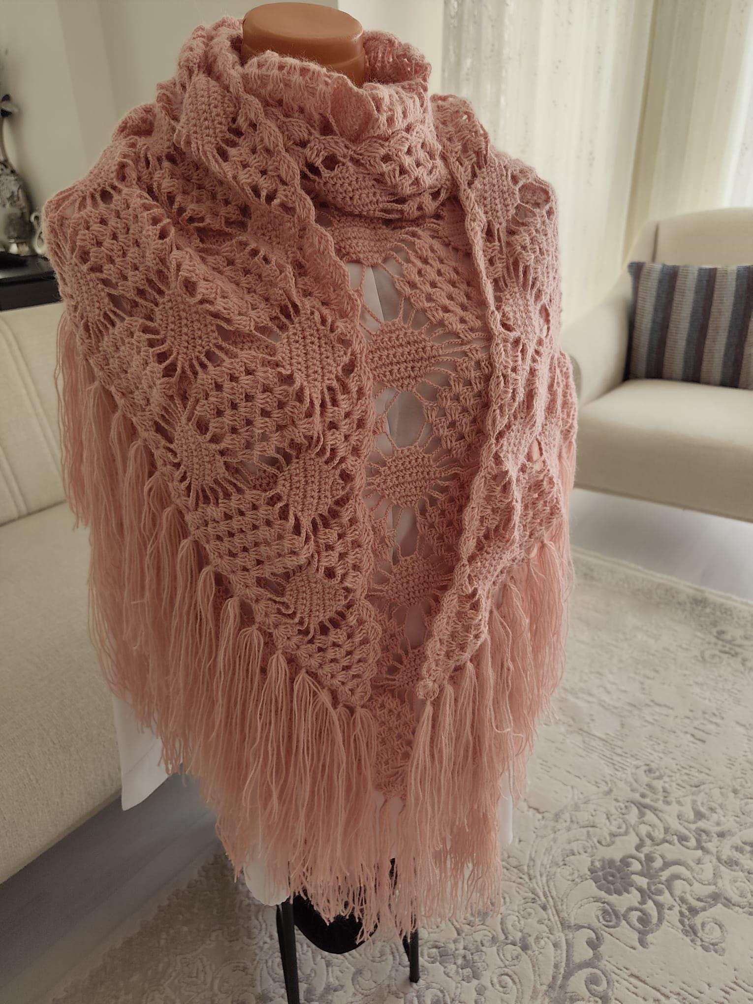 Dusty Rose Crochet Triangle Shawl – Boho Lace Wrap With Fringe ...