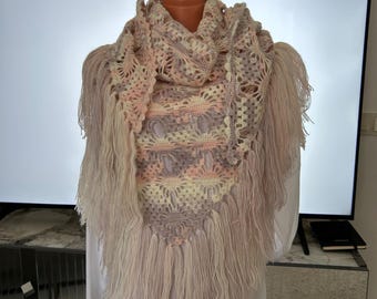 Handmade Crochet Shawl with Fringe, Boho Lacy Knit Scarf
