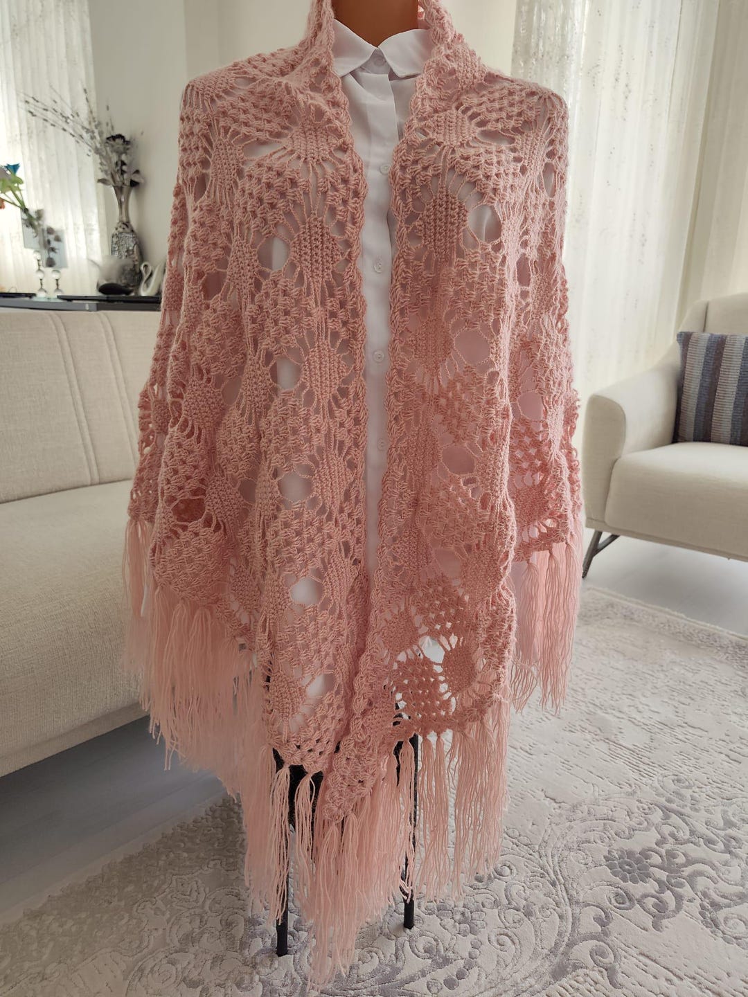 Dusty Rose Crochet Triangle Shawl – Boho Lace Wrap With Fringe ...