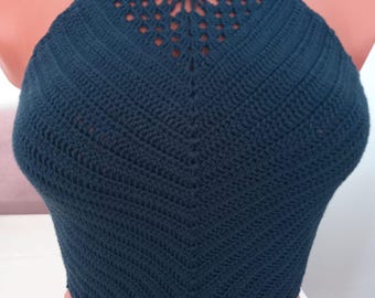 Handgemaakte gehaakte haltertop, donkerblauw katoenen korset, boho-strandkleding