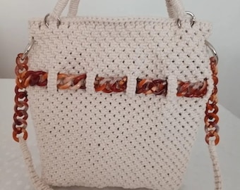 Bohemian Macrame Bag, Hand Crochet Bag, Woman Shoulder Bag,  Beige Bag with Brown Chain Strap Macrame Bag,Beach Bag,Gifts For Woman