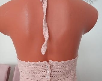 Handmade Pink Crochet Halter Top: Boho Cotton Knit Red Crop Top