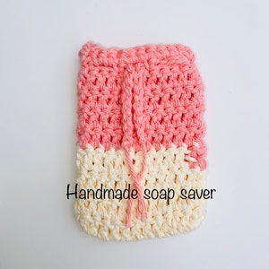 100% Cotton Soap Saver Bag Handmade Cotton Crochet Soap Saver Soap Buddy Body Scrubber Eco Friendly Gift Ideas Plastic-Free Soap Holder Beige/Pink