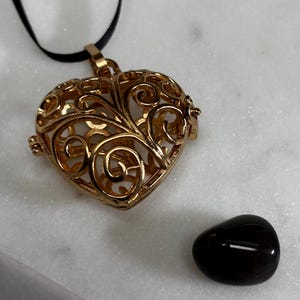 Goldtone Heart Cage Pendant with Obsidian Apache Tears Stone - POLISHED PEBBLE for Grief Sympathy Keepsake Caring Thinking of You Faith