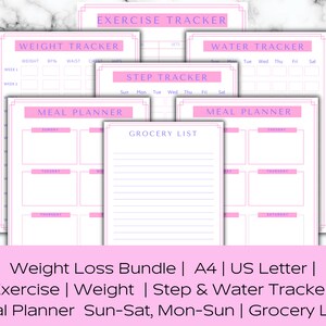 Puede incluir: Paquete de hojas imprimibles para perder peso con acentos rosas y morados. Incluye rastreadores para ejercicio, peso, pasos, agua y planificación de comidas. También incluye una lista de la compra.