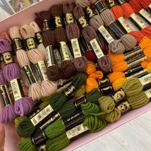 Peut inclure: Une collection de bobines de fil &agrave; broder DMC dans diff&eacute;rentes nuances de brun, vert, orange, jaune et violet. Les bobines sont dispos&eacute;es dans une bo&icirc;te rose.