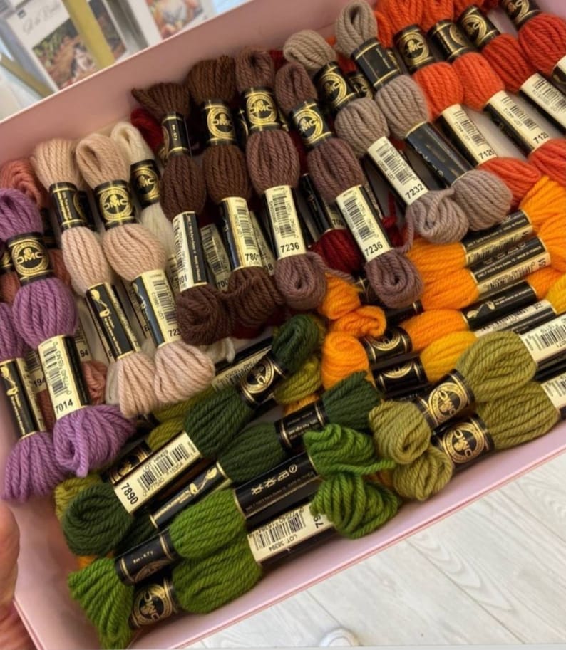 Peut inclure: Une collection de bobines de fil &agrave; broder DMC dans diff&eacute;rentes nuances de brun, vert, orange, jaune et violet. Les bobines sont dispos&eacute;es dans une bo&icirc;te rose.