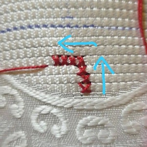 May include: Close-up of red embroidery thread on white Aida cloth. The thread is stitched in a diagonal pattern, creating a small shape. Blue arrows point to the direction of the stitching.