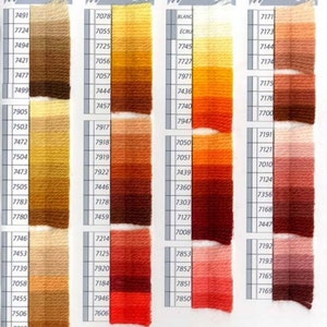Peut inclure: Un nuancier de fils &agrave; broder DMC, pr&eacute;sentant une gamme de couleurs allant du beige clair au brun fonc&eacute;. Le nuancier est divis&eacute; en 10 sections, chacune avec une gamme de couleurs diff&eacute;rente. Les num&eacute;ros de fils DMC sont indiqu&eacute;s &agrave; c&ocirc;t&eacute; de chaque couleur.