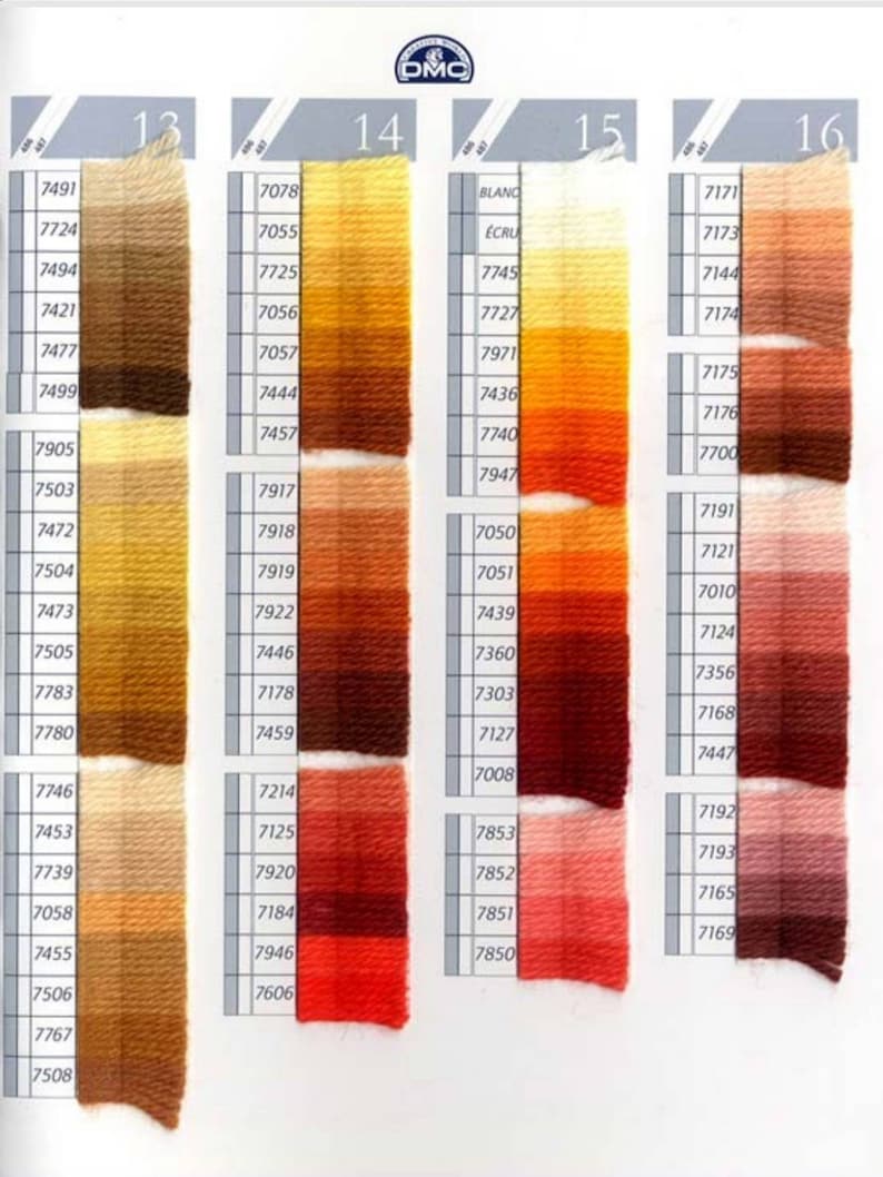 Peut inclure: Un nuancier de fils &agrave; broder DMC, pr&eacute;sentant une gamme de couleurs allant du beige clair au brun fonc&eacute;. Le nuancier est divis&eacute; en 10 sections, chacune avec une gamme de couleurs diff&eacute;rente. Les num&eacute;ros de fils DMC sont indiqu&eacute;s &agrave; c&ocirc;t&eacute; de chaque couleur.