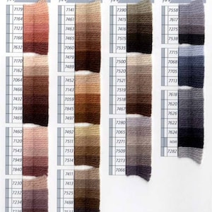 Peut inclure: Un nuancier de fils &agrave; broder DMC avec des num&eacute;ros et des couleurs correspondantes. Le nuancier comprend des nuances de brun, beige, gris et bleu.