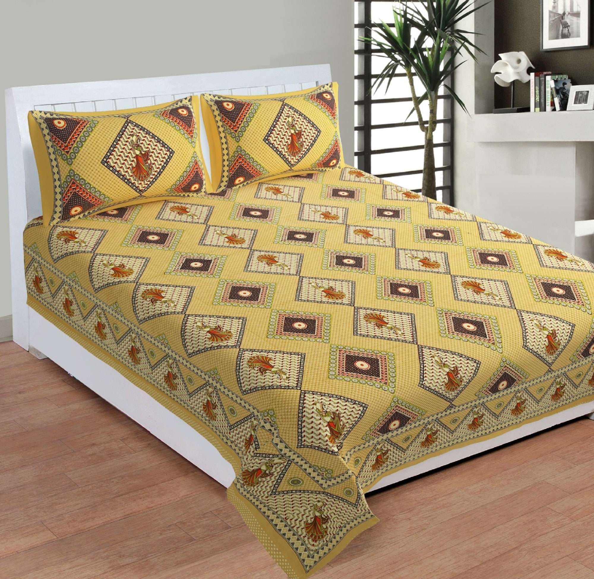 Handmade Indian Rajasthani King Size Pure Cotton Bed Sheet Two Pillow Covers Set 