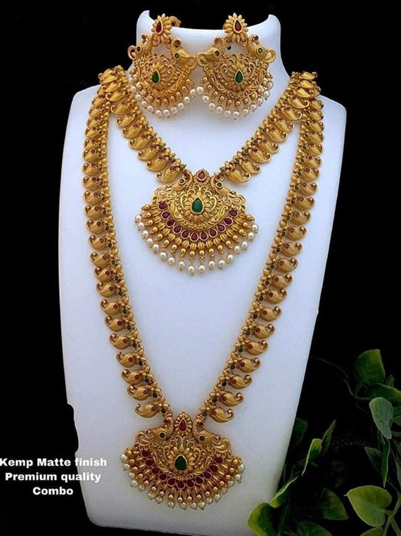 Indian Bollywood Women Matt Gold Plated Jewelry Zircon Pearl Chain Pendent Set 