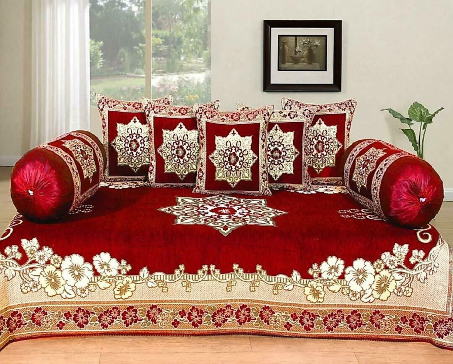 Indian Jaipuri Diwan Set Bedsheet 2 Bolster Covers 5 Cushion Etsy