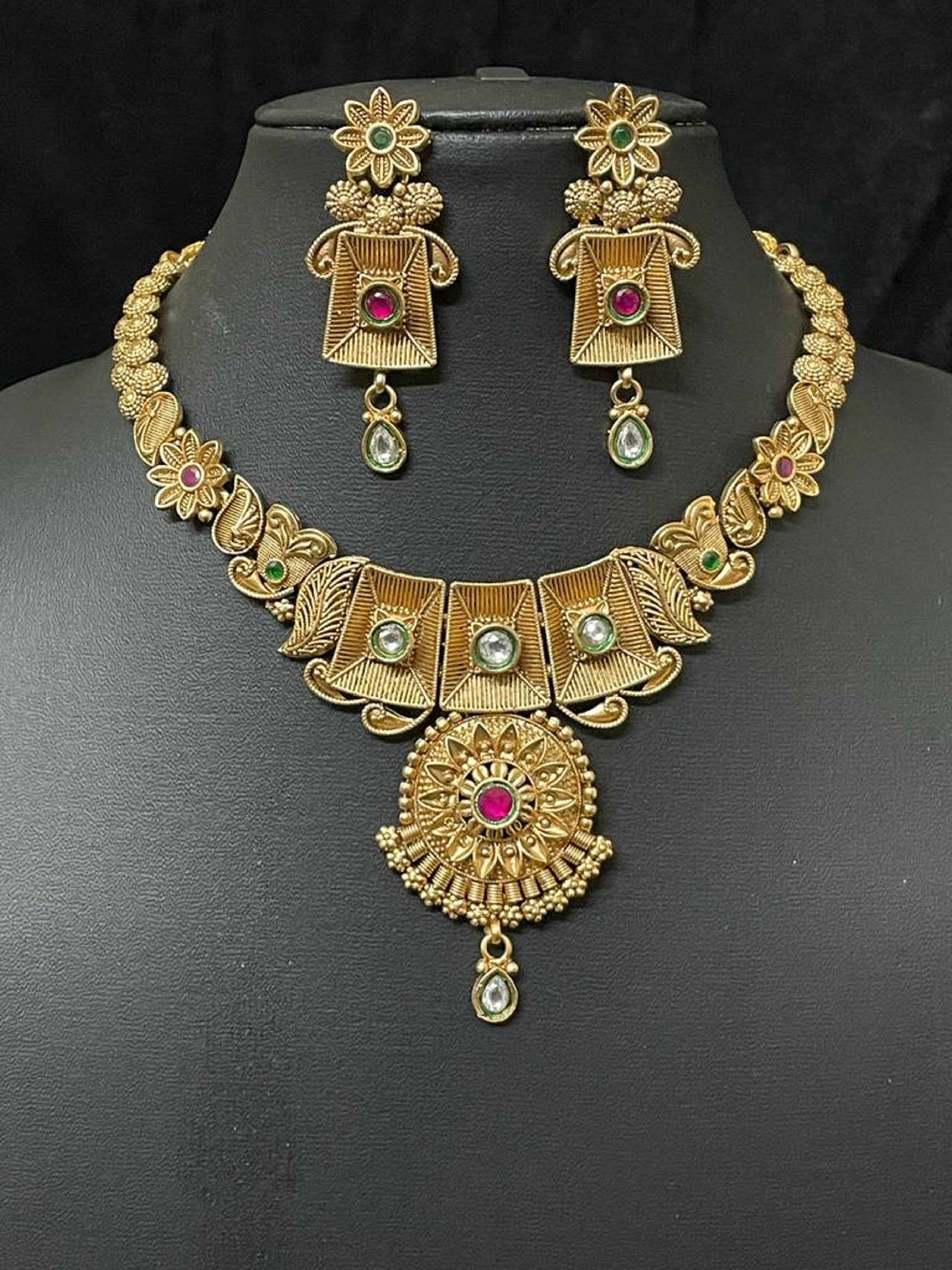 youspotfashion Indian Temple Choker Necklace Set with Earrings, Matte Finish Necklace Set, Indian Jewelry Set, Adjustable Necklace Temple Jewelry Set