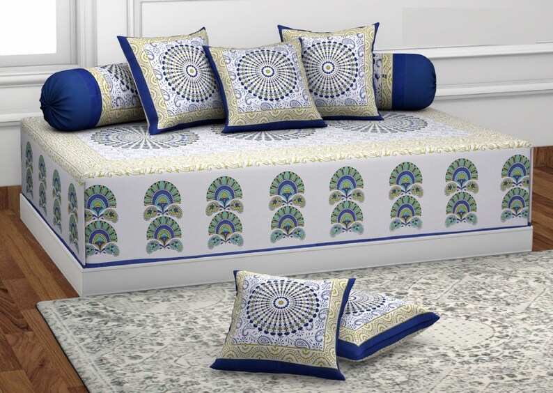 Indian Home 100% Cotton Decorative Traditional Print Diwan Bedding Set 8 Pcs Art