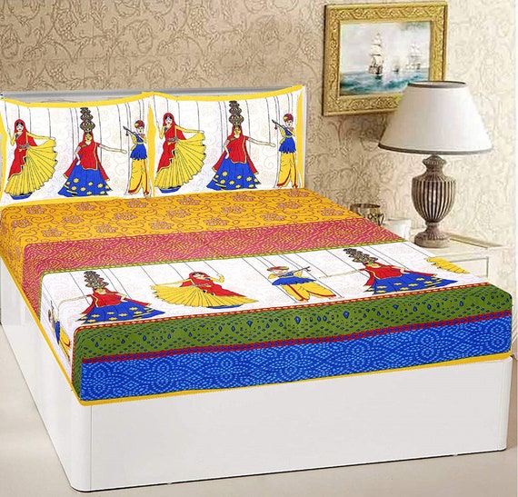 Indian Rajasthani Traditional 100% Cotton New Bed Sheet With Two Pillow Cover 