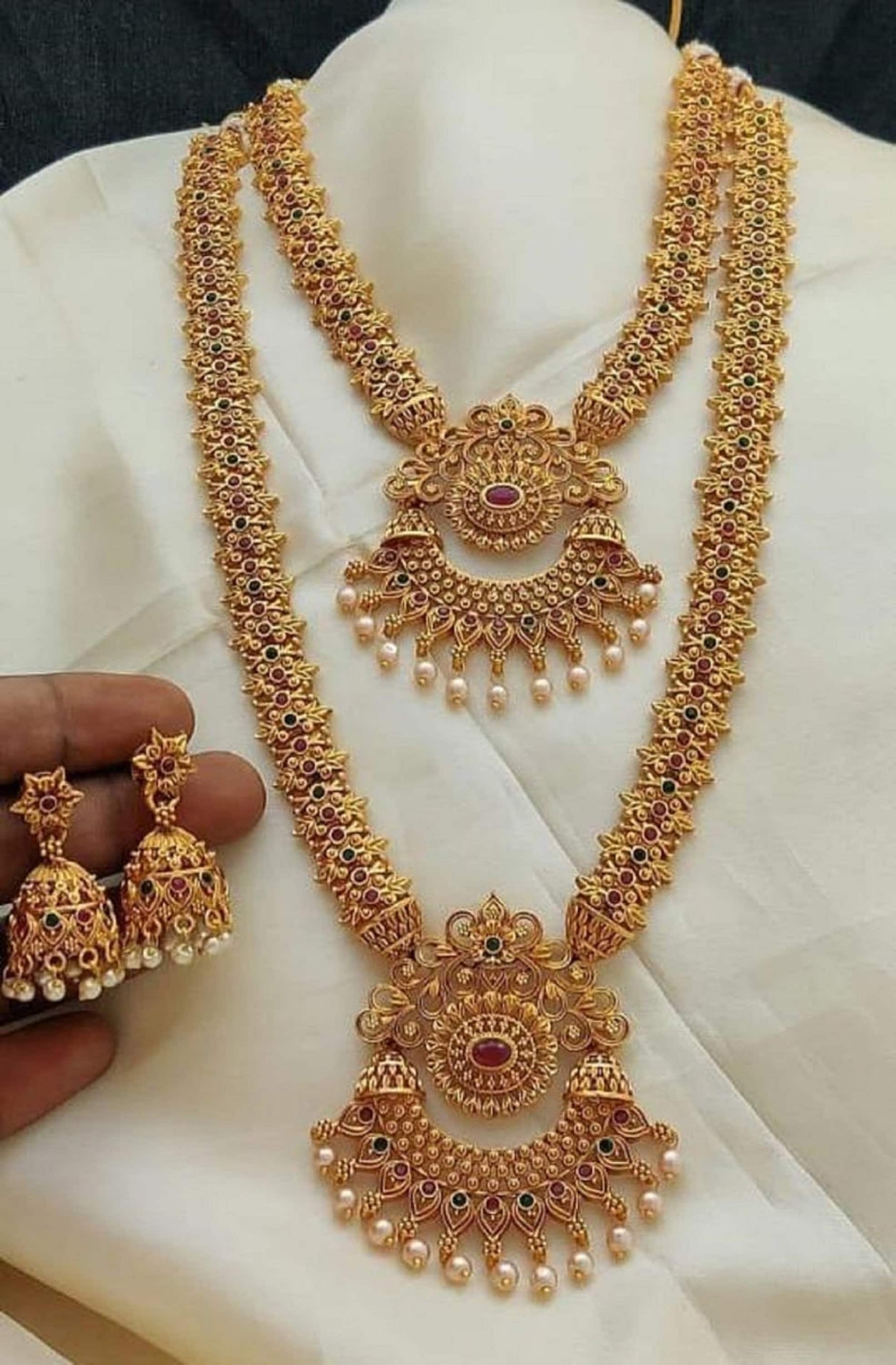 Gold Plated South Indian Temple Jewelry Necklace Set Gold Etsy