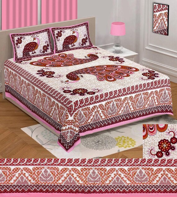 Indian Handmade 100% Cotton Rajasthani Bedsheet King Bed Set 1 King Bedsheet with 2 zip lock Pillow Covers Indian Handmade 100% Cotton Rajasthani Bedsheet King Bed Set 1 King Bedsheet with 2 zip lock Pillow Covers