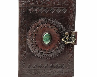 Vintage Leather Journal Paper Handmade Green Stone Brown Embossed With Lock 