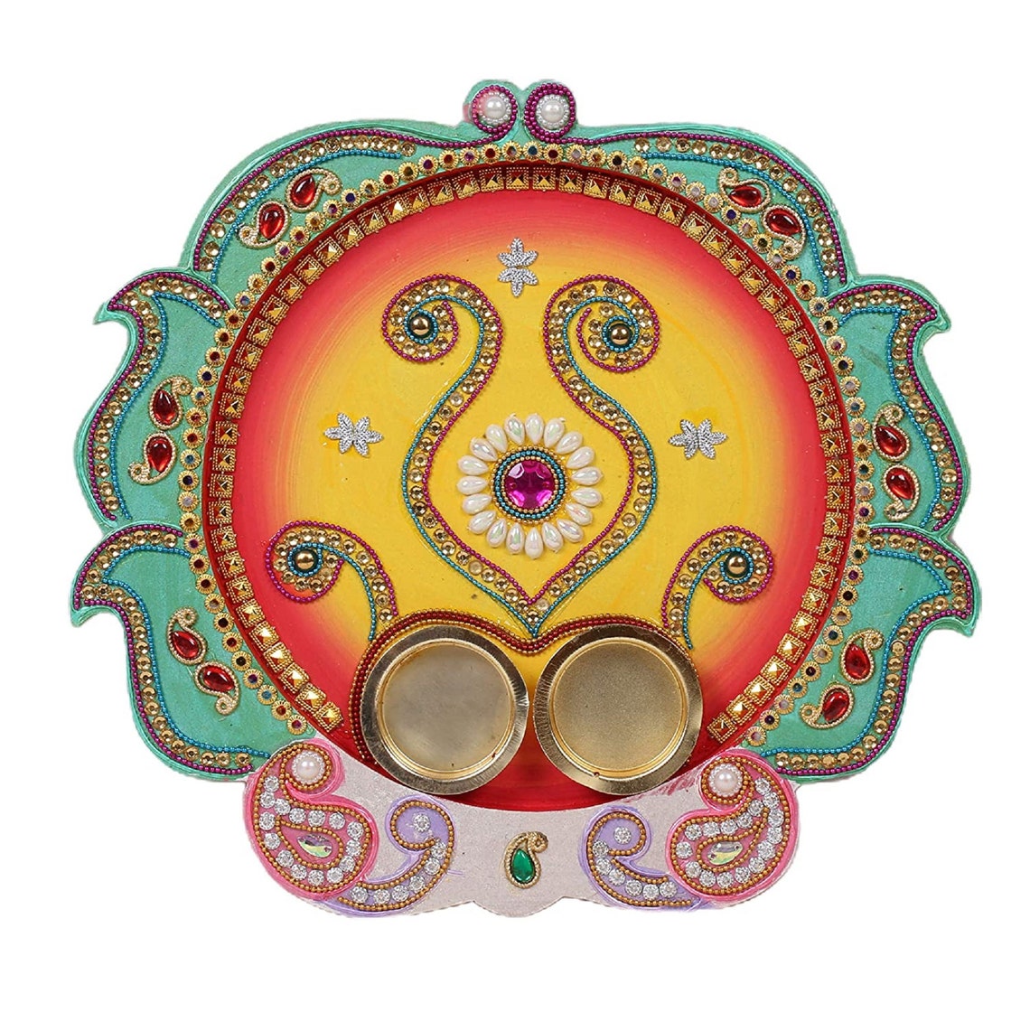 Handmade Wooden Pooja Thali Aarti Dish Plate Indian Meenakari Etsy