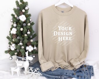 Gildan 18000 Sand Winter Mockup for Christmas, Sand Sweatshirt Mock-Up, Adult Crewneck Sweatshirt Mock up, Holyday MockUp