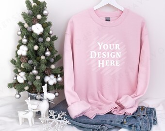 Gildan 18000 Light Pink Winter Mockup for Christmas, Light Pink Sweatshirt Mock-Up, Adult Crewneck Sweatshirt Mock up, Holyday MockUp