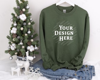 Gildan 18000 Military Green Winter Mockup for Christmas, Military Green Sweatshirt MockUp, Adult Crewneck Sweatshirt Mock up, Holyday MockUp