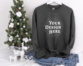 Gildan 18000 Charcoal Winter Mockup for Christmas, Charcoal Sweatshirt Mock-Up, Adult Crewneck Sweatshirt Mock up, Holyday MockUp
