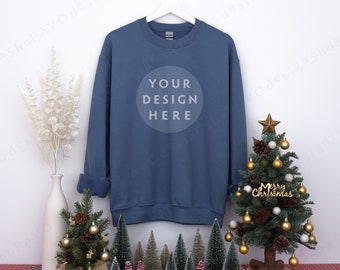 Gildan 18000 Indigo Blue Christmas Mockup, Indigo Blue Sweatshirt Mock-Up, Adult Crewneck Sweatshirt Holyday Mock up, Winter Mockup